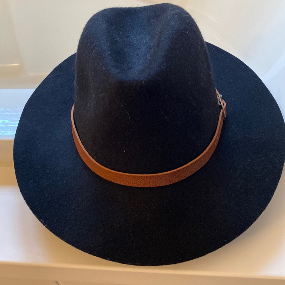 Black hat with tan faux leather buckle detail